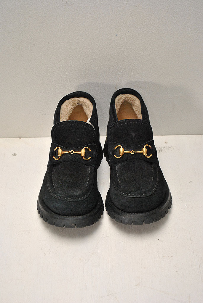 GUCCI Bee embroidered suede horse bit middle cut loafer shoes